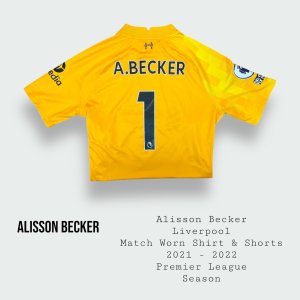 Alisson Becker Match Worn Liverpool Premier League Shirt & Shorts 2021 - 2022 Season