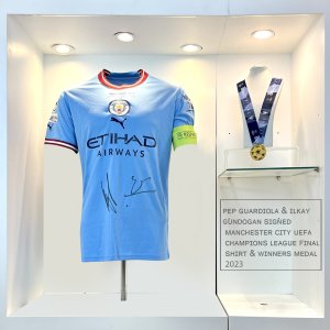 Pep Guardiola & İlkay Gündoğan Signed Manchester City UEFA Champions League Final Shirt & Winners Medal 2023